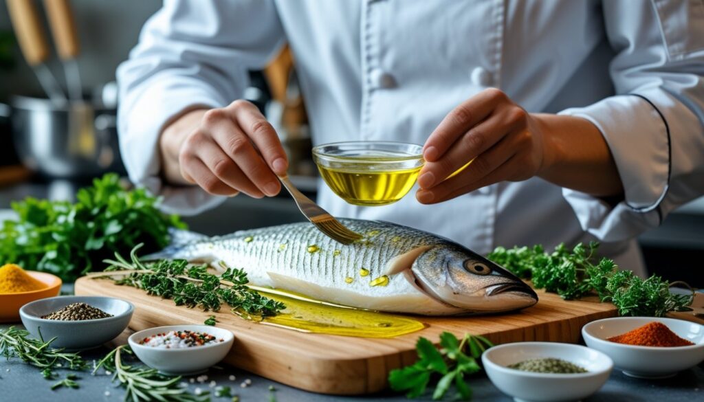 A chef preparing fish with oil, showcasing the marination process.
