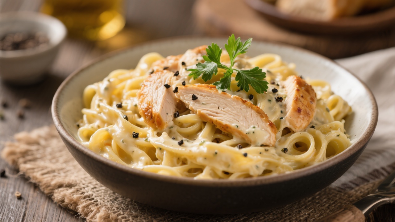 A cozy bowl of chicken carbonara, creamy and garnished with black pepper and parsley.