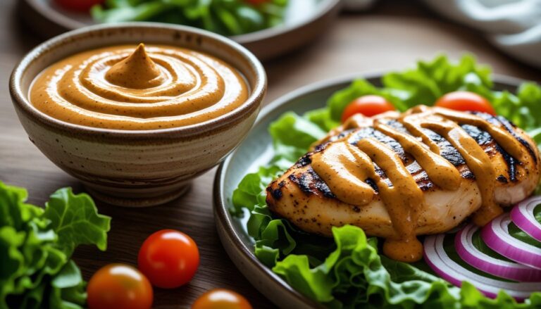 Bowl of chipotle aioli drizzled over grilled chicken and vegetables.