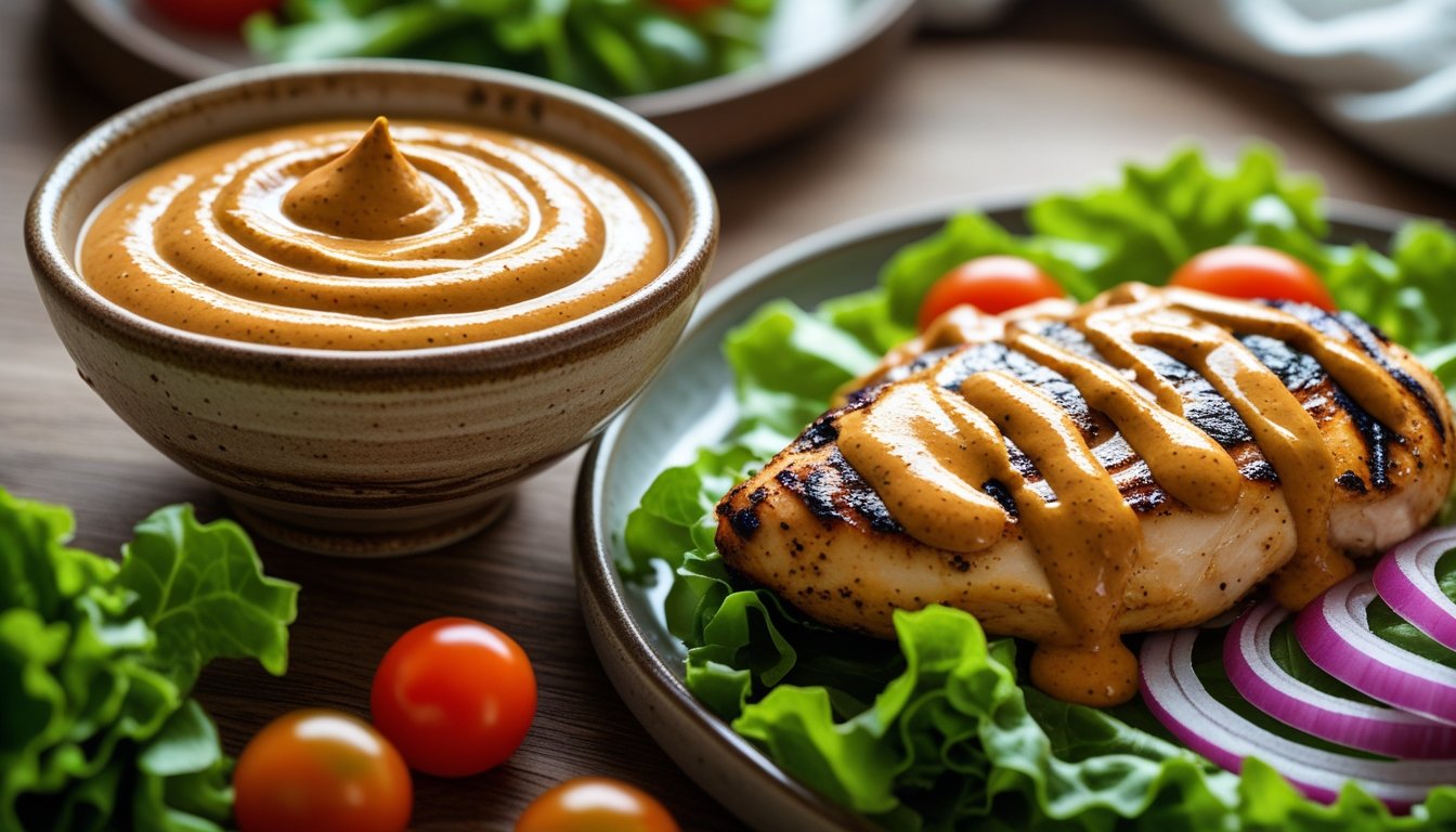 Bowl of chipotle aioli drizzled over grilled chicken and vegetables.