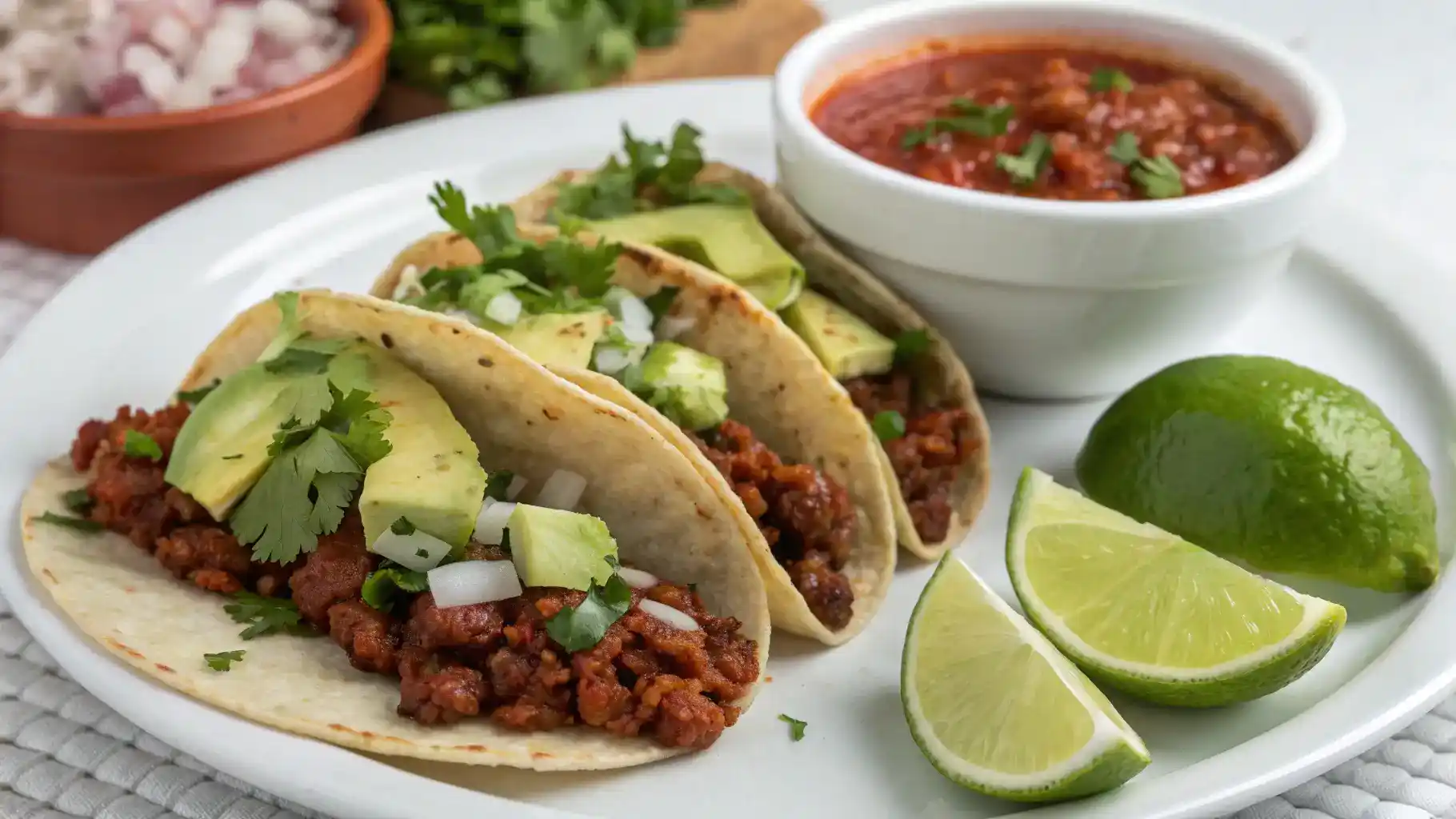 A plate of chorizo tacos topped with onions, cilantro, and avocado, served with lime and salsa.