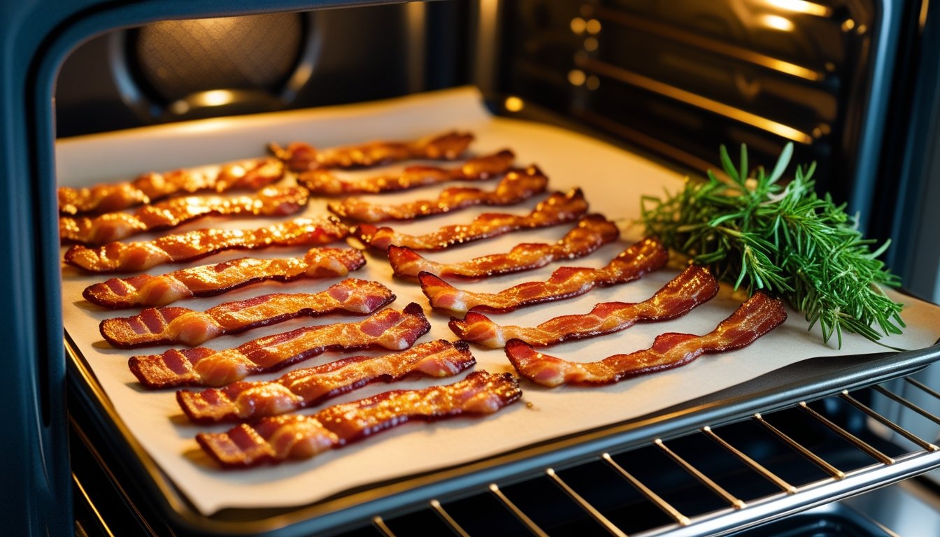 Delicious crispy bacon in the oven.