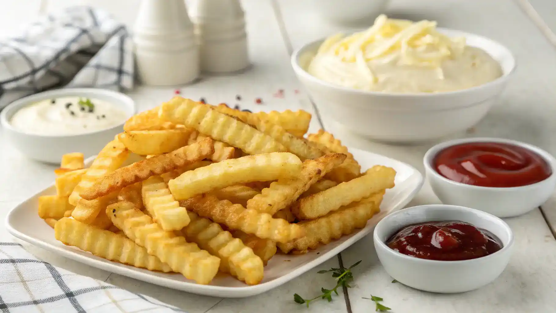 Delicious crinkle cut fries served with a variety of dipping sauces.