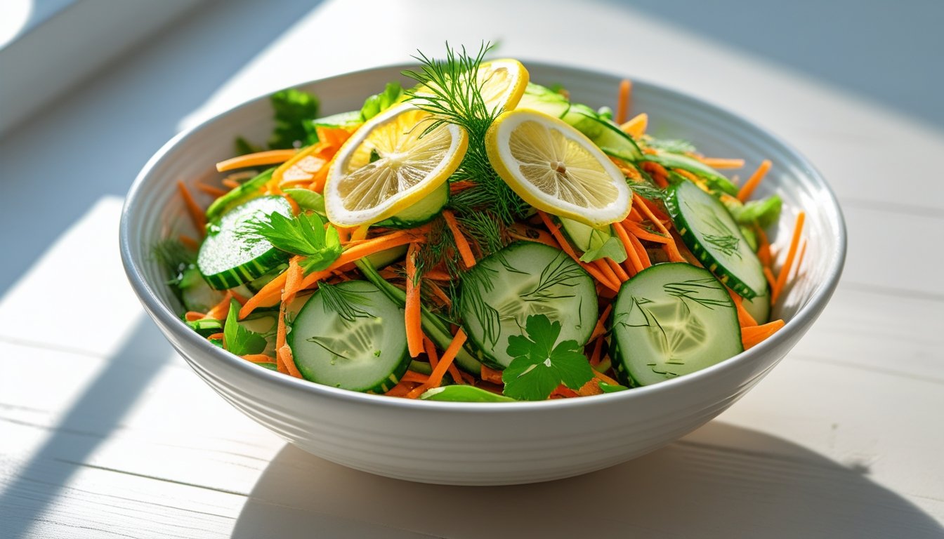 A beautifully presented Cucumber Carrot Salad in a bowl, garnished with herbs.