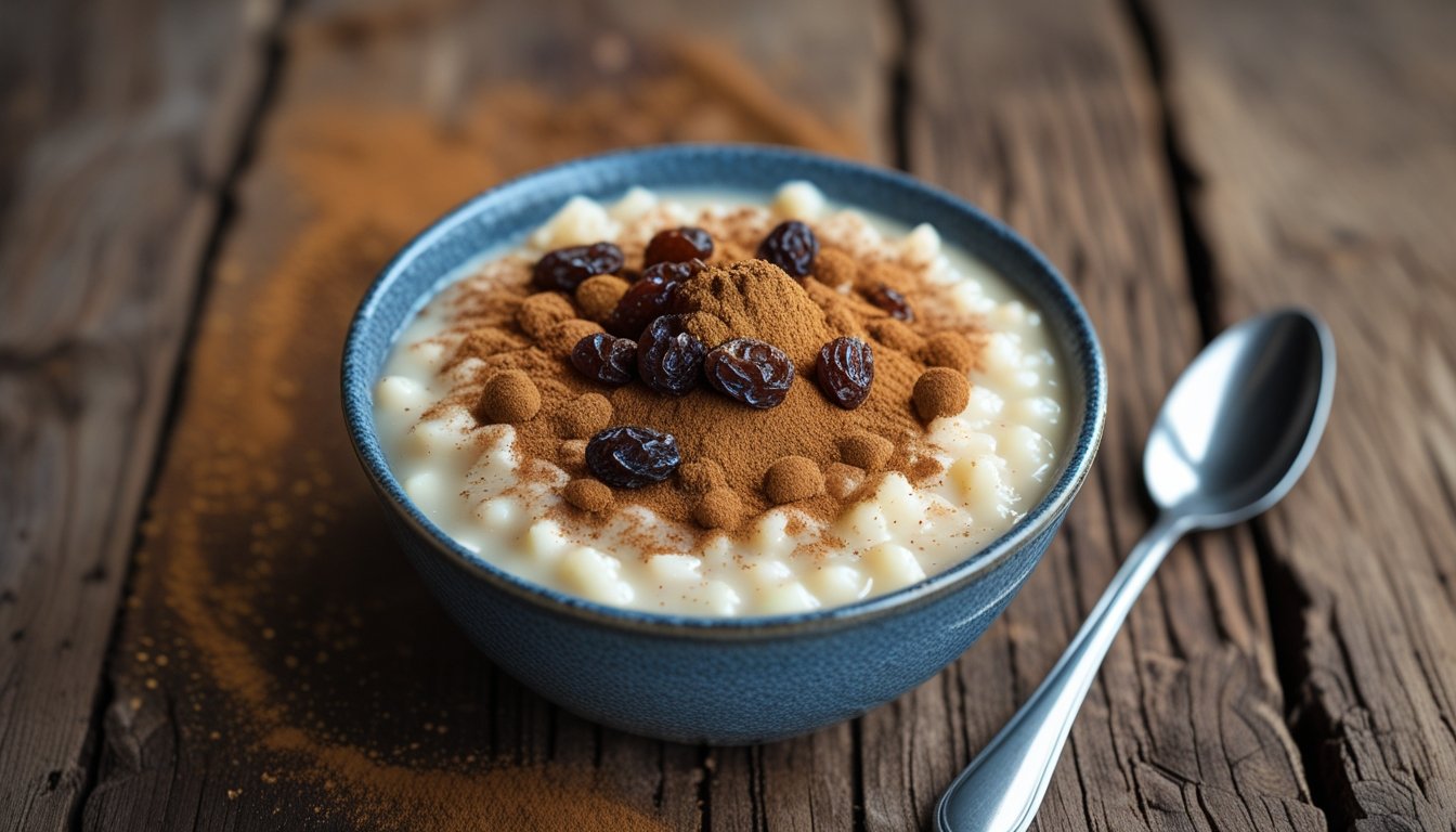 A bowl of arroz con leche topped with cinnamon and raisins, ready to be enjoyed.