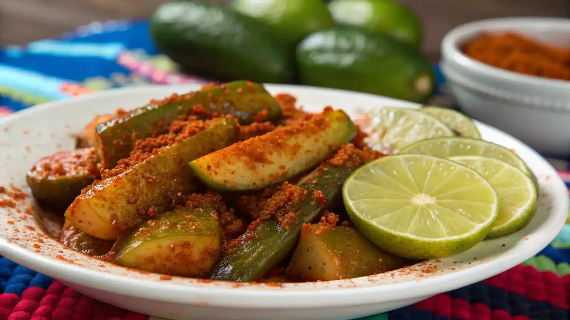 A plate of chamoy pickles garnished with chili powder and lime wedges.