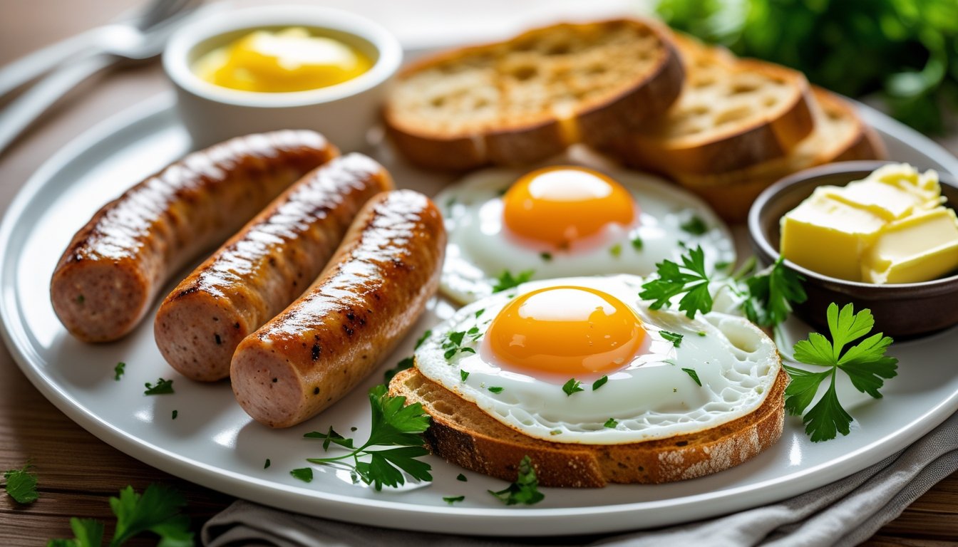 A delicious plate of Chicken Breakfast Sausage served with eggs and toast.