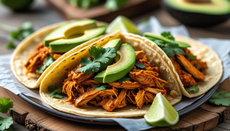 Delicious Chicken Tinga served in tacos with fresh toppings.