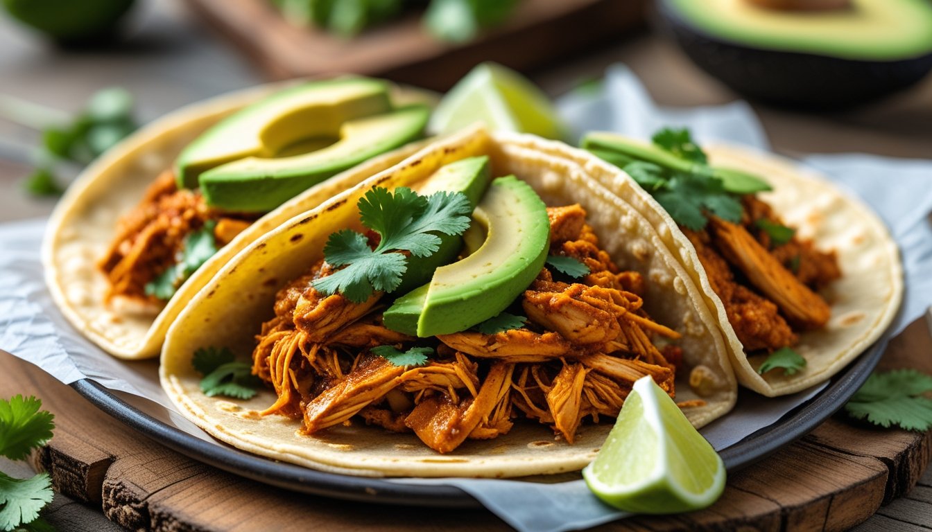 Delicious Chicken Tinga served in tacos with fresh toppings.
