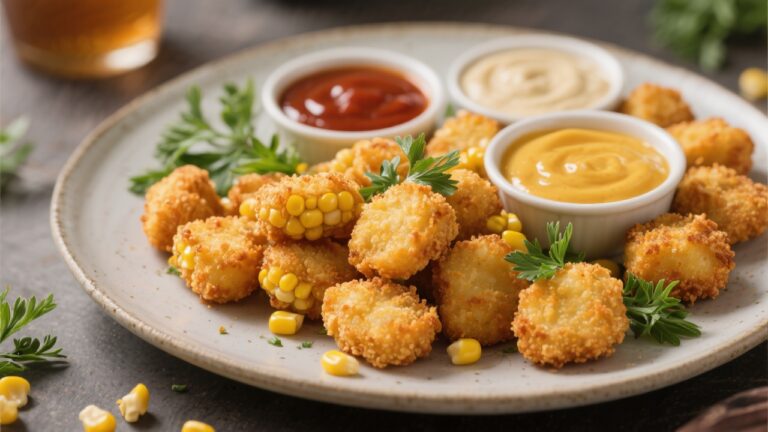 Crispy corn nuggets served with dipping sauces.