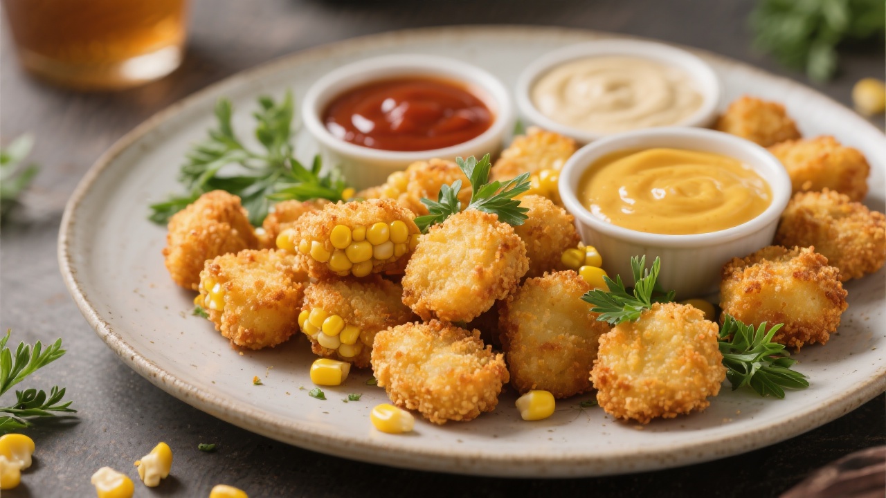 Crispy corn nuggets served with dipping sauces.