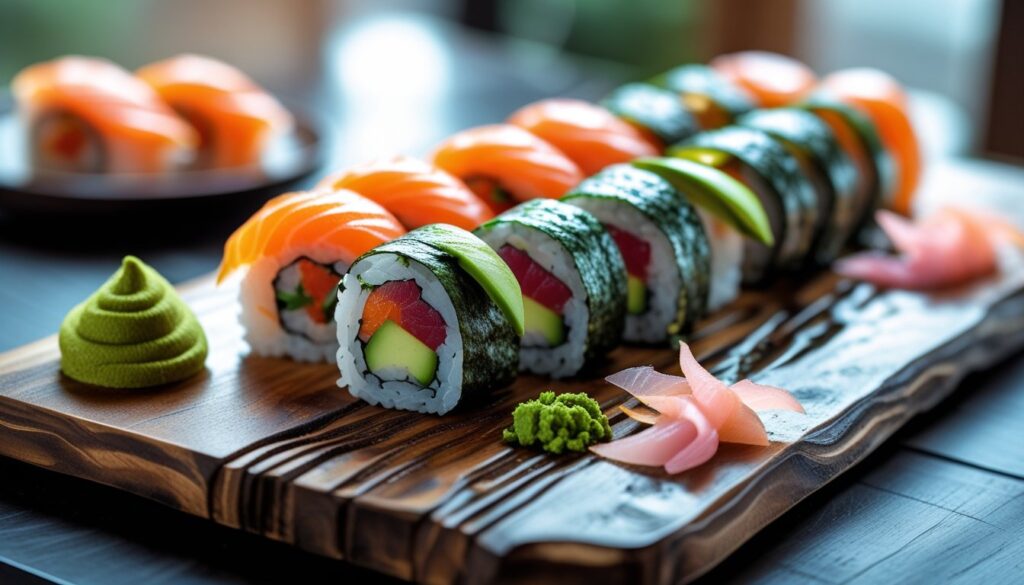 A beautifully arranged platter of hand roll sushi with garnishes.