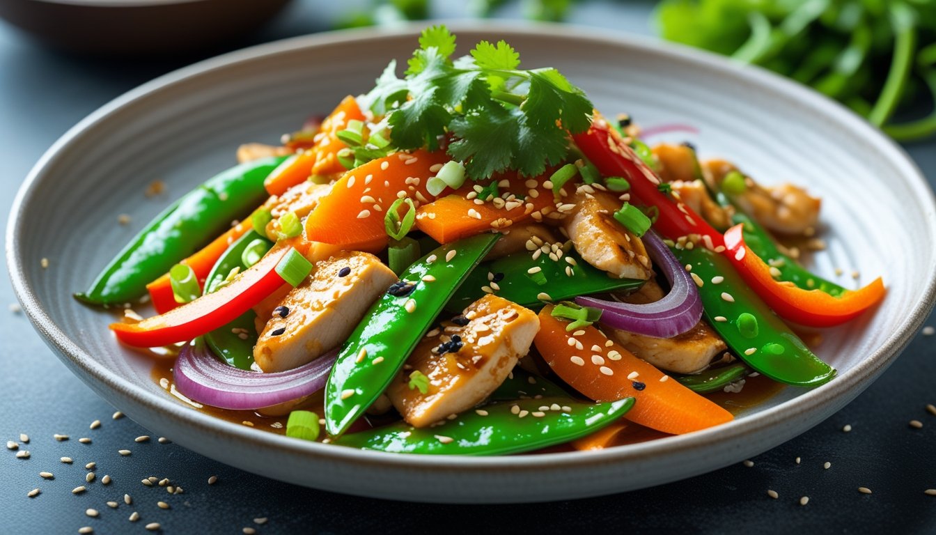 A colorful stir-fry dish made with Kayanoya seasoning, fresh vegetables, and chicken or tofu, garnished with sesame seeds and green onions.