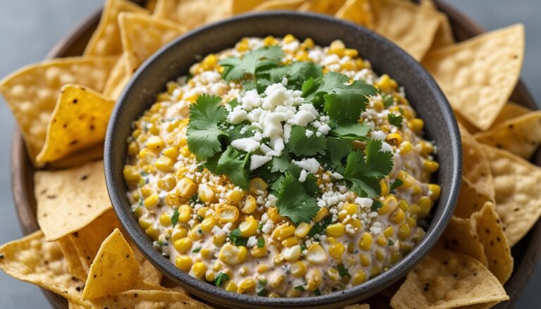 A bowl of Mexican street corn dip garnished with cilantro and cotija cheese, surrounded by tortilla chips.