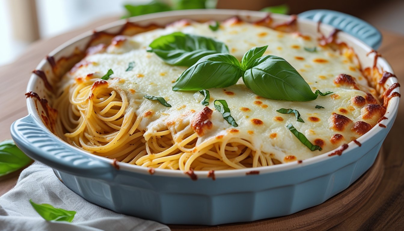 A delicious baking dish of Million Dollar Spaghetti with layers of cheese and herbs.
