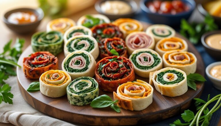 A colorful platter of assorted pinwheel snacks ready for serving.