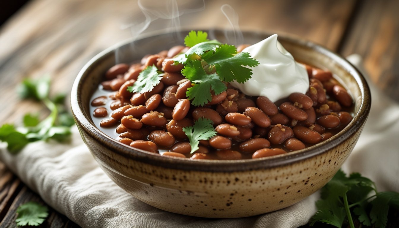 A bowl of ranch style beans garnished with cilantro and sour cream.