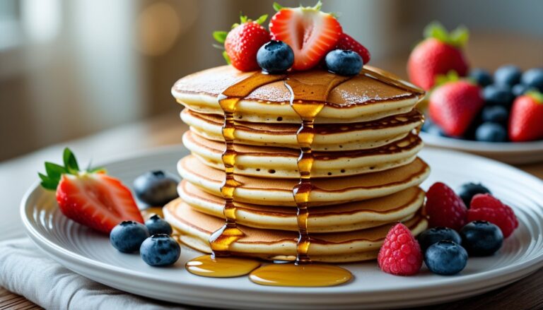A stack of fluffy German pancakes drizzled with syrup and topped with fresh fruit.