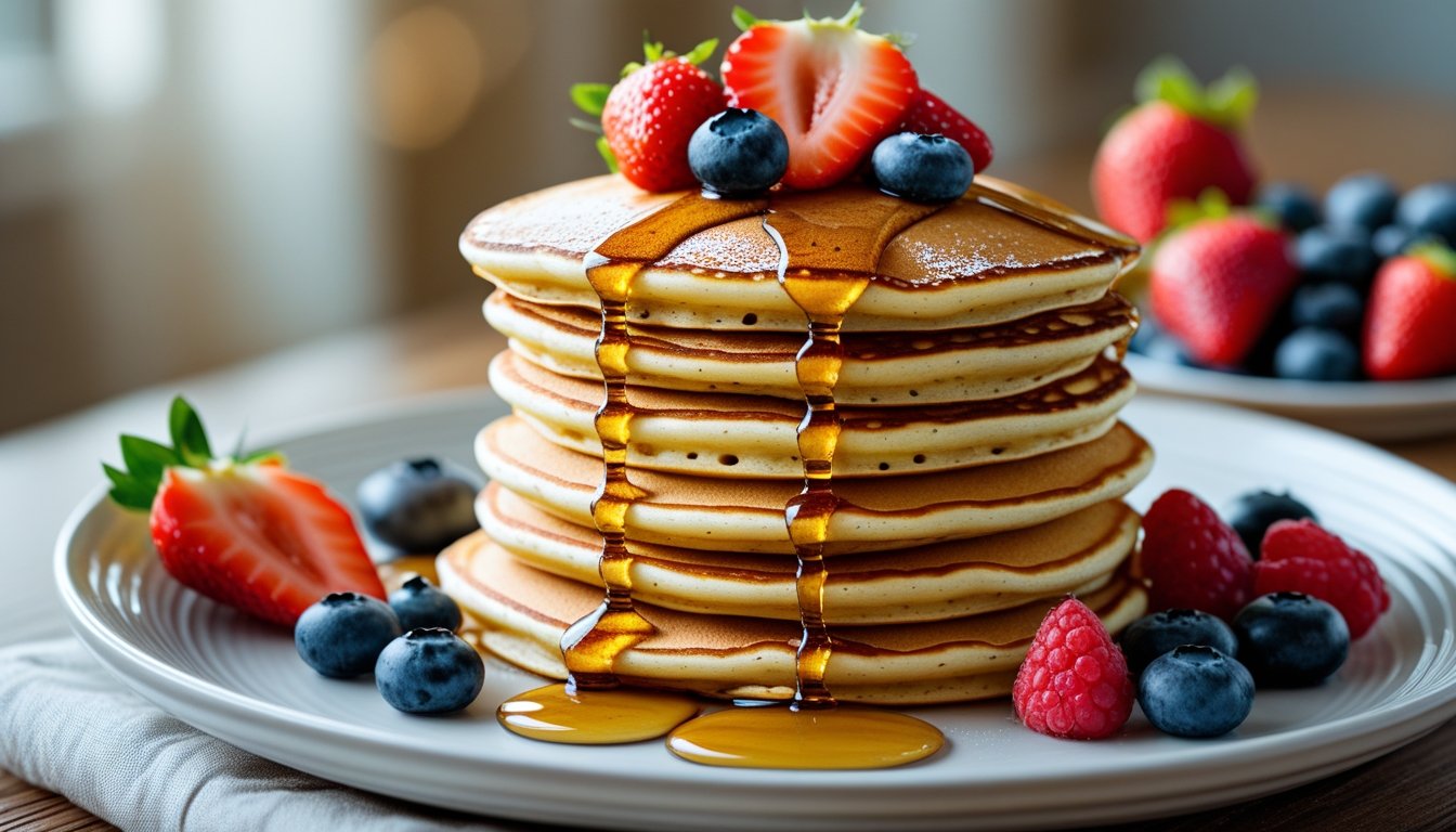 A stack of fluffy German pancakes drizzled with syrup and topped with fresh fruit.