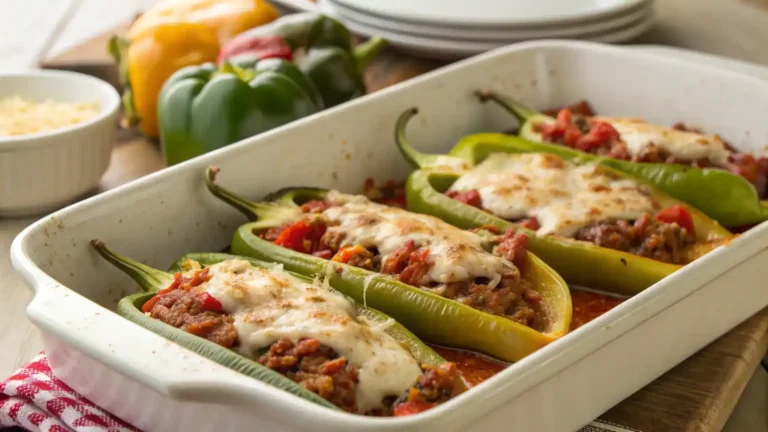 A baking dish filled with stuffed banana peppers topped with melted cheese.
