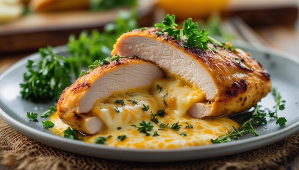 Delicious stuffed chicken breast sliced open to show the filling.