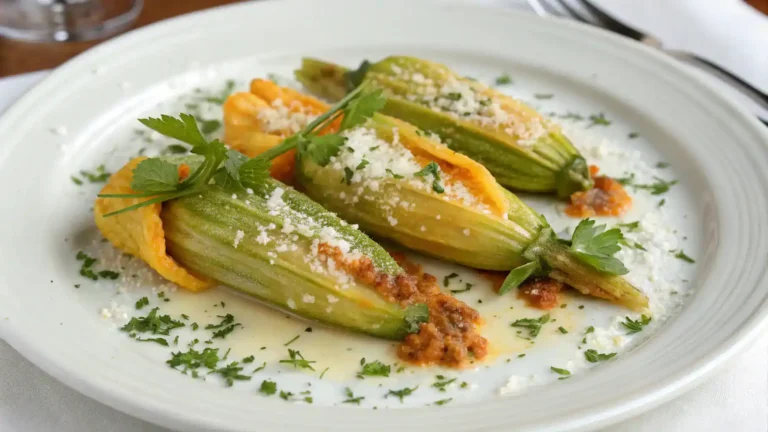 Plated stuffed summer squash blossoms garnished with herbs.