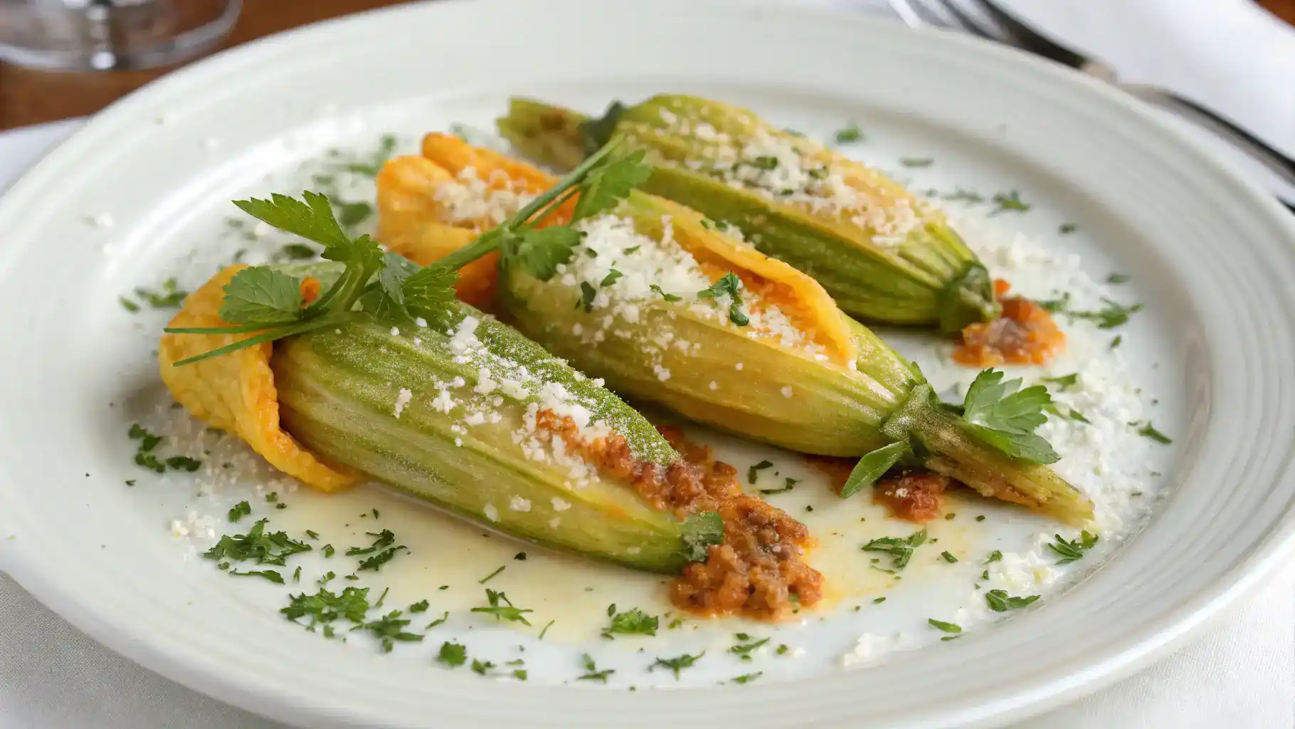 Plated stuffed summer squash blossoms garnished with herbs.