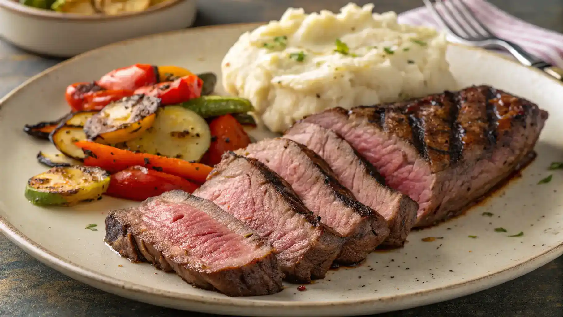 A beautifully plated London Broil with sides, showcasing its juicy texture.