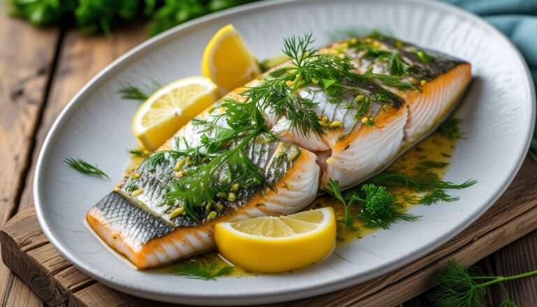 A beautifully plated fish dish with herbs and lemon wedges.