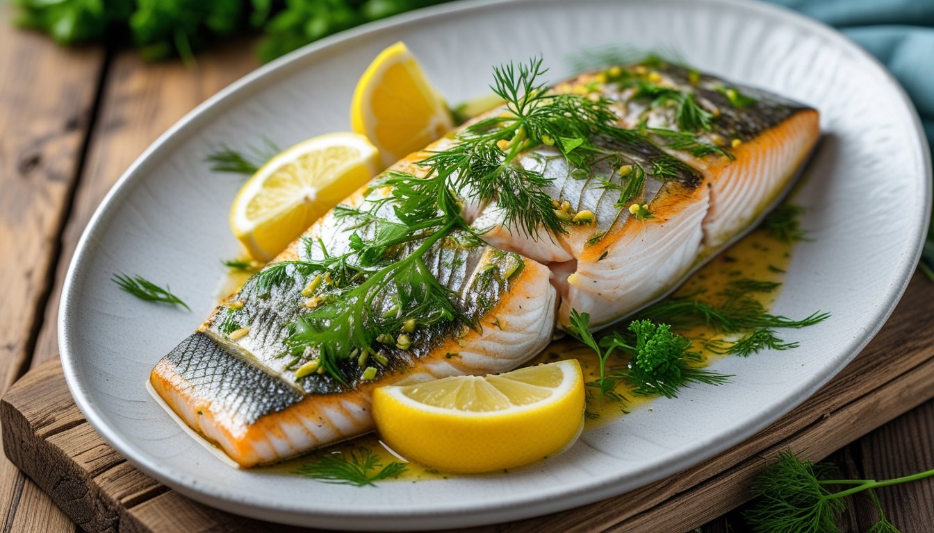 A beautifully plated fish dish with herbs and lemon wedges.
