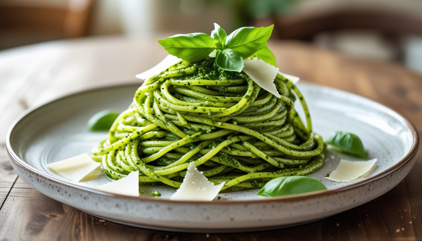 A beautifully plated green spaghetti dish garnished with basil and parmesan.