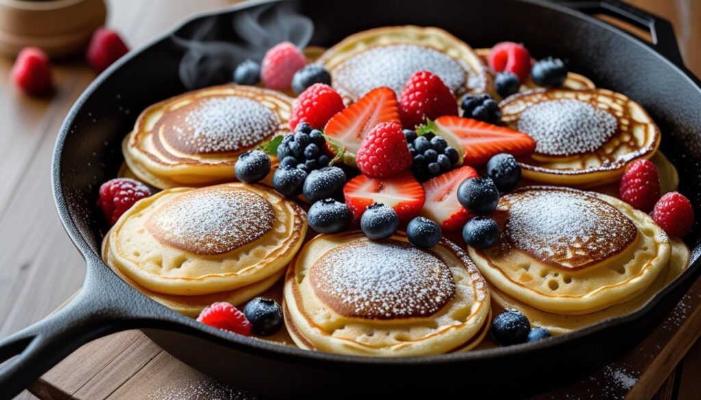 A skillet filled with golden, fluffy German pancakes topped with powdered sugar and fresh berries.
