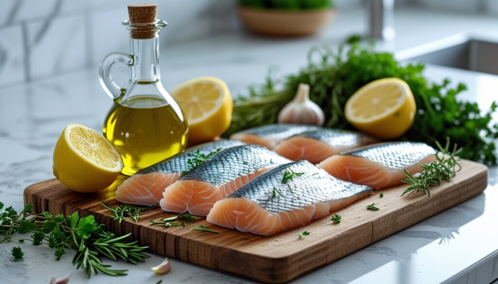 Fresh ingredients for a fish recipe including fish fillets, olive oil, lemon, garlic, and herbs.