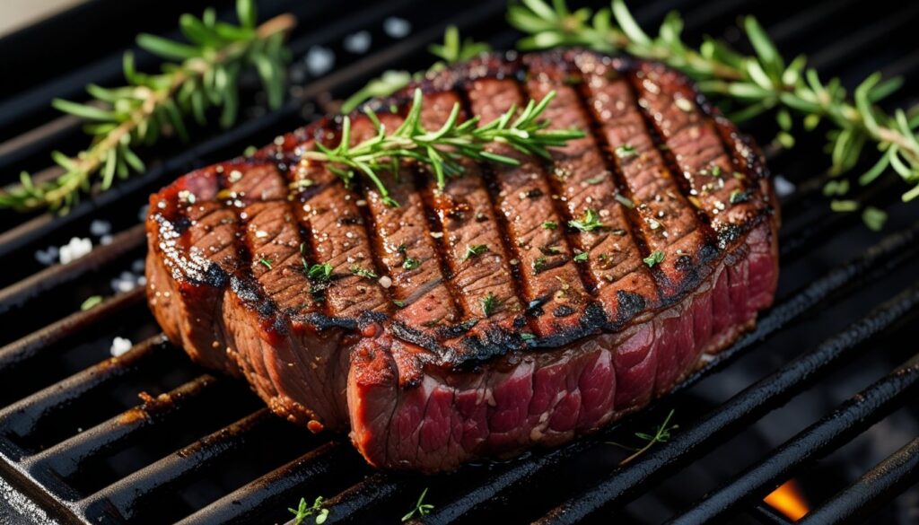 Grilled picanha steak on a grill with herbs and spices.