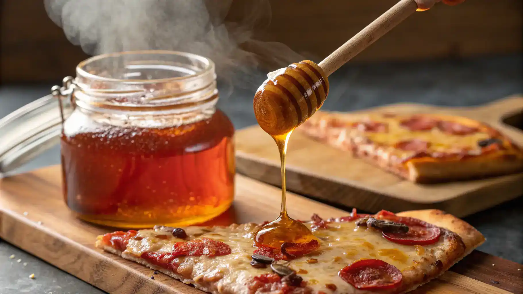 A jar of hot honey with a drizzle on a slice of pizza, highlighting its sweet and spicy appeal.