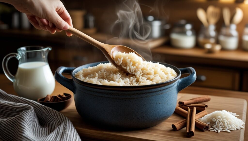 A pot of creamy arroz con leche being stirred, surrounded by ingredients like rice, milk, and cinnamon sticks.