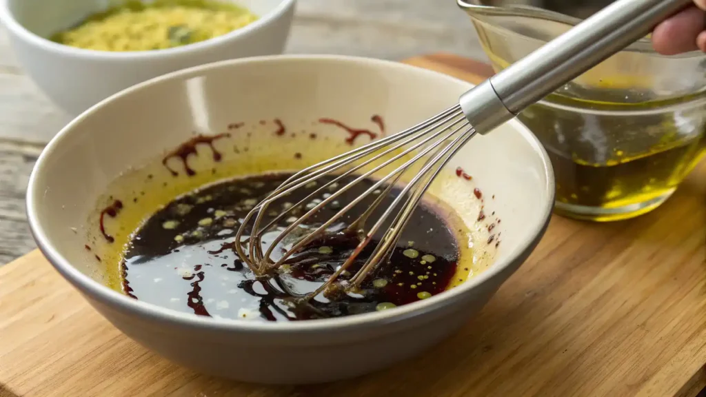 A bowl of balsamic vinaigrette ingredients being whisked together.