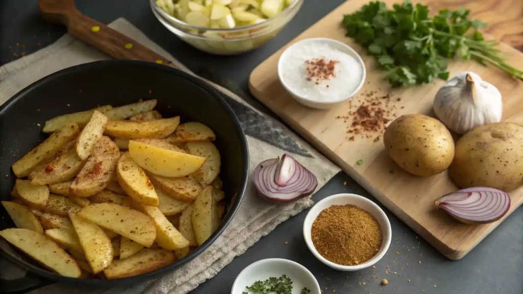Step-by-step process of making Cajun fries, including ingredients and preparation steps.