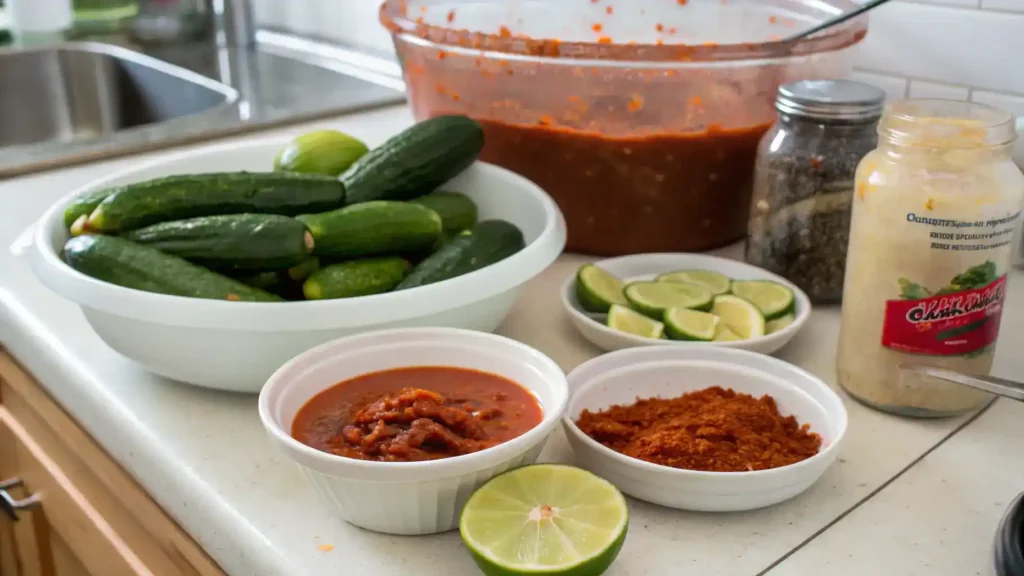 Ingredients and steps for making chamoy pickles laid out on a kitchen counter.