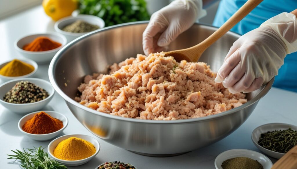 A step-by-step process of making Chicken Breakfast Sausage, showing ingredients and mixing.
