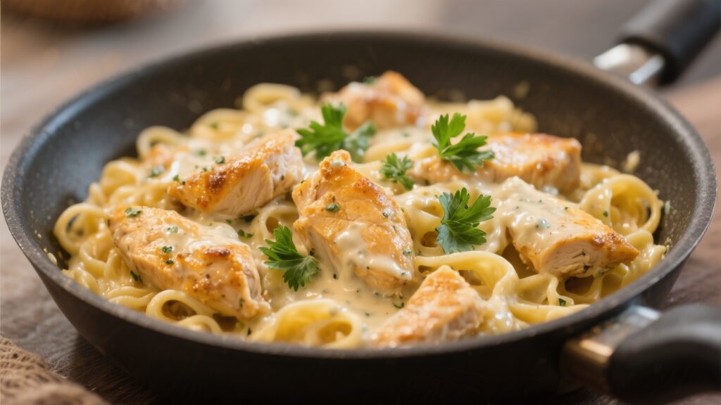 A delicious plate of chicken carbonara with golden chicken pieces and creamy sauce, garnished with parsley.