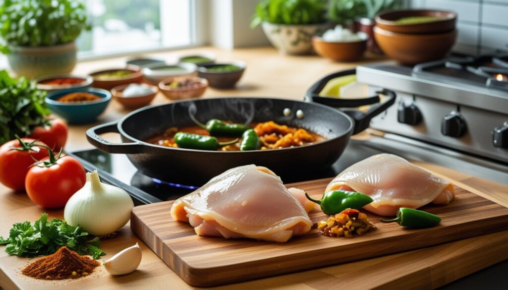 A step-by-step process of making Chicken Tinga with ingredients laid out on a kitchen counter.
