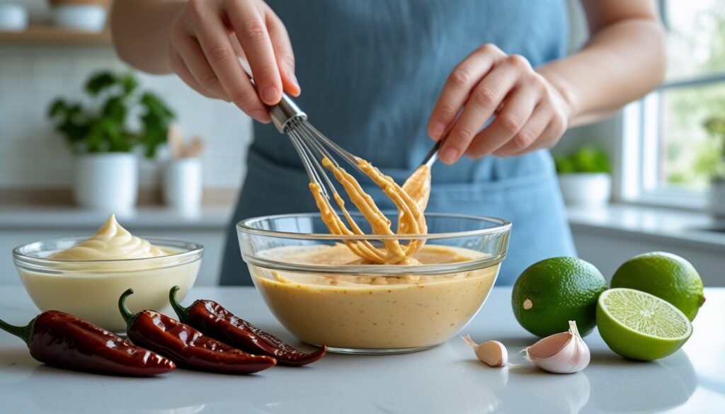 Ingredients and steps to make chipotle aioli displayed in a bright kitchen.