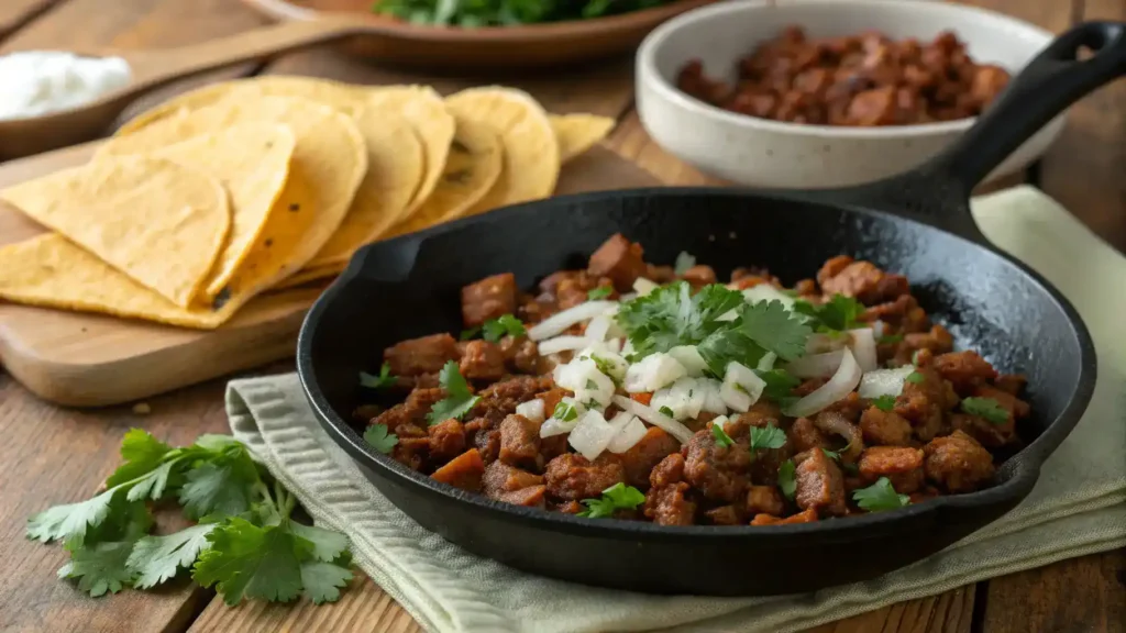 A skillet filled with cooked soy chorizo, diced onions, and chopped cilantro, with warm corn tortillas on a wooden table.