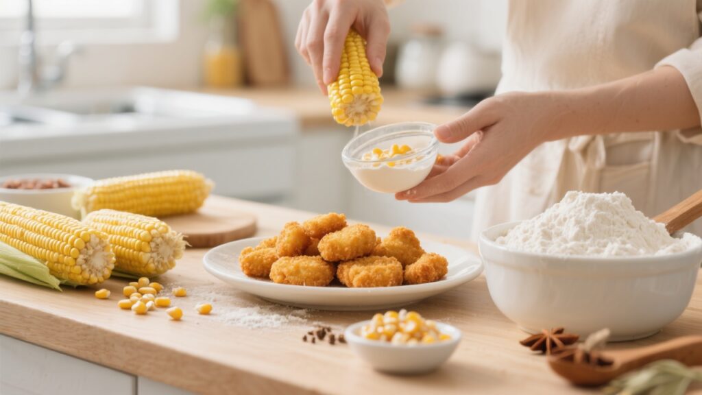 Ingredients and steps for making corn nuggets displayed in a bright kitchen.