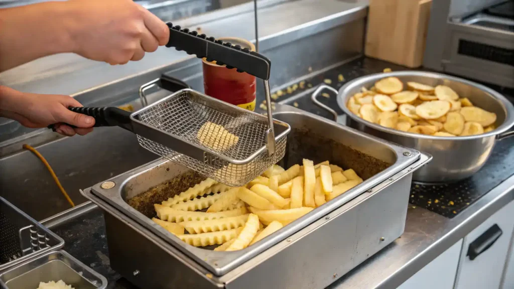 Step-by-step process of making crinkle cut fries, showcasing ingredients and preparation steps.