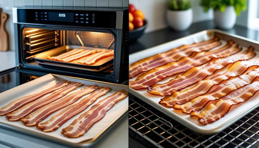 Step-by-step process of making crispy bacon in the oven.