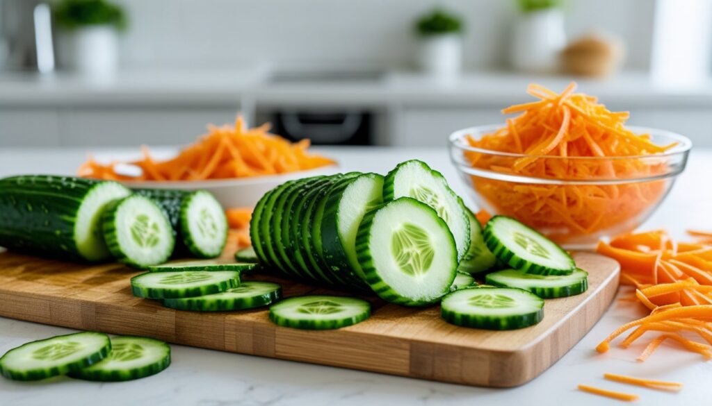 Preparation of Cucumber Carrot Salad with fresh ingredients being sliced and grated.