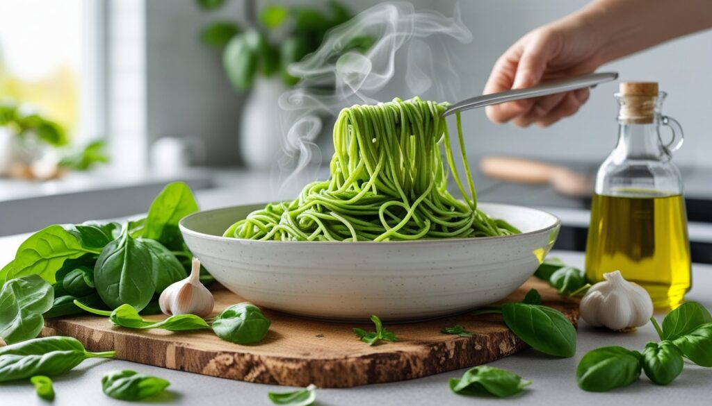 A vibrant green spaghetti dish being prepared with fresh ingredients.