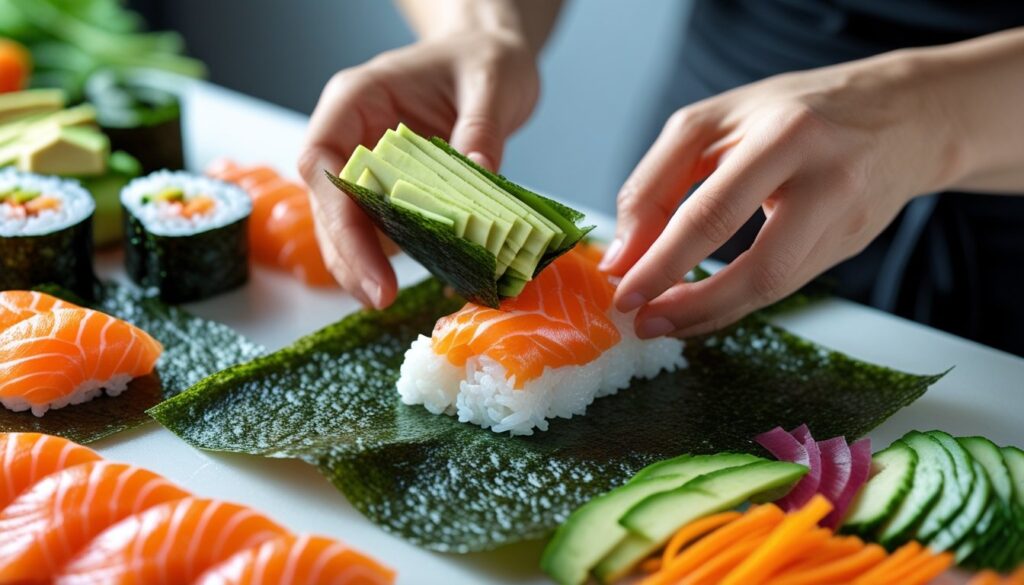 A step-by-step guide to making hand roll sushi, showcasing ingredients and the rolling process.